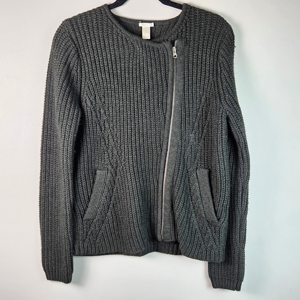 Forever 21 Moto Cardigan Women M Grey Good Asymmetrical Zip Chunky Knit Sweater
